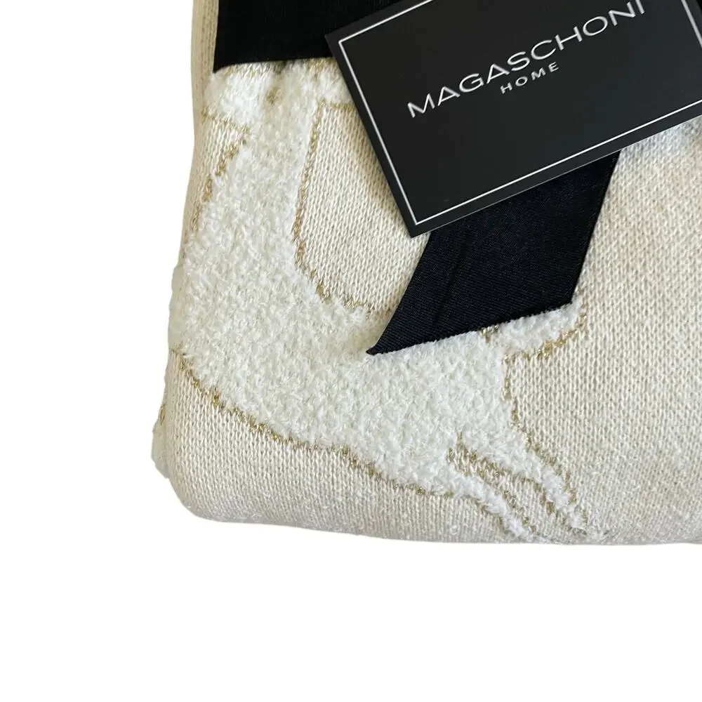 Magaschoni CHRISTMAS Reindeer Knit Holiday Throw 50x60 Holiday Cream & Gold New